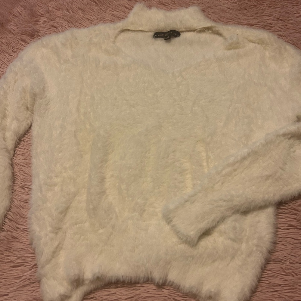 Almost Famous White mock Neck Sweater Cozy Plush Knit with poop hole chest